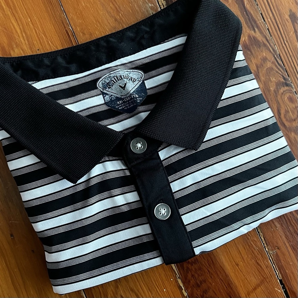 Callaway Golf Striped Polo Shirt Men's XXL‎ Black White Stretch Moisture Wicking